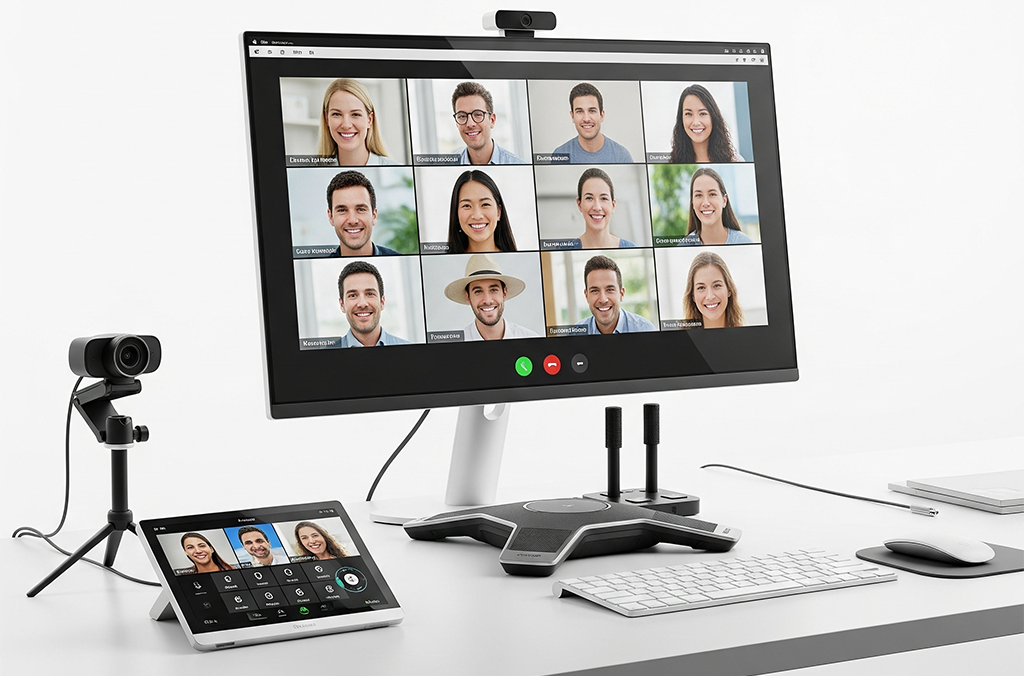 Modern video conferencing setup in a corporate meeting room.